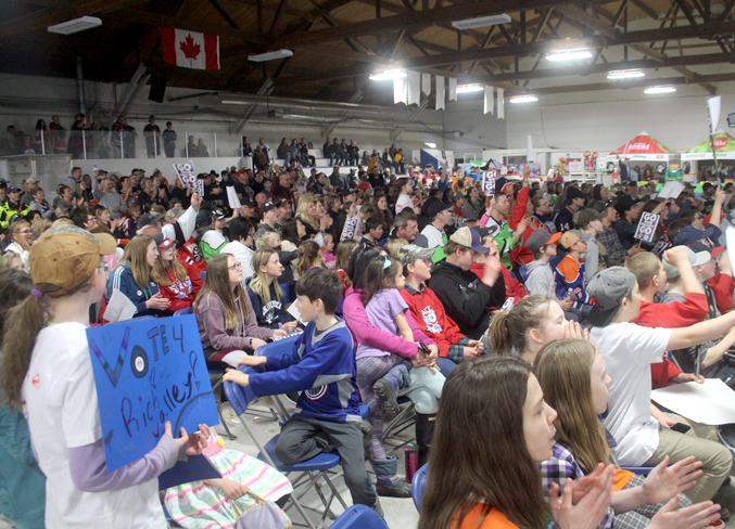 IMG_7999 Hundreds of people crowded into the Rich Valley Agriplex on March 30 to watch the announcement of the winner of the Kraft Hockeyville contest, who would receive $250,000 and the opportunity to host an NHL pre-season game. Sadly, Rich Valley did not win, but they do get a runner-up prize of $25,000 in cash and $10,000 in hockey gear.
